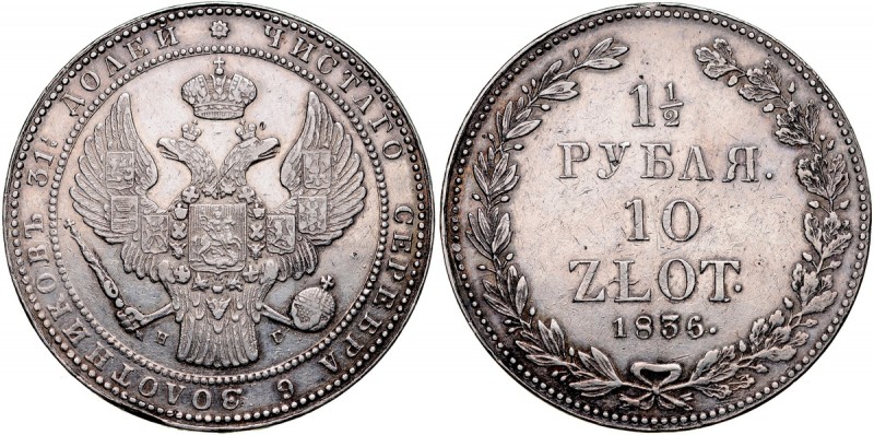 Zabór Rosyjski, Mikołaj I 1826-1855, 1 1/2 rubla, 10 złotych 1836 NG, St. Peters...