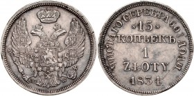 Zabór Rosyjski, 15 kopiejek 1 złoty 1834, Warszawa, RR.