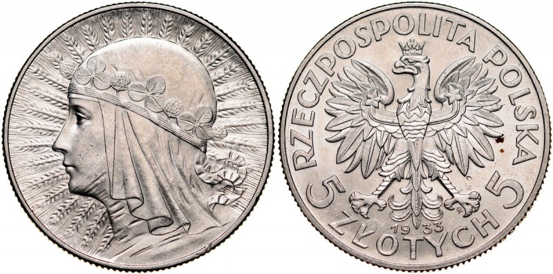 II RP, 5 złotych 1933, Kobieta, Warszawa. Parchimowicz 116c, piękny, świeży poły...