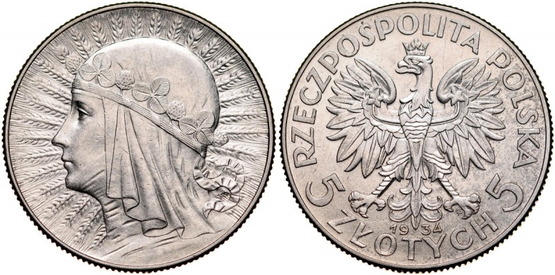 II RP, 5 złotych 1934, Kobieta, Warszawa. Parchimowicz 116d, ładna, połyskowa mo...
