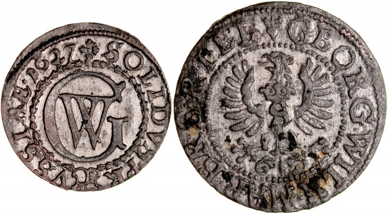 Prusy Książęce, Jerzy Wilhelm 1619-1640, Szeląg 1627, Królewiec. Kop. 3882, stan...