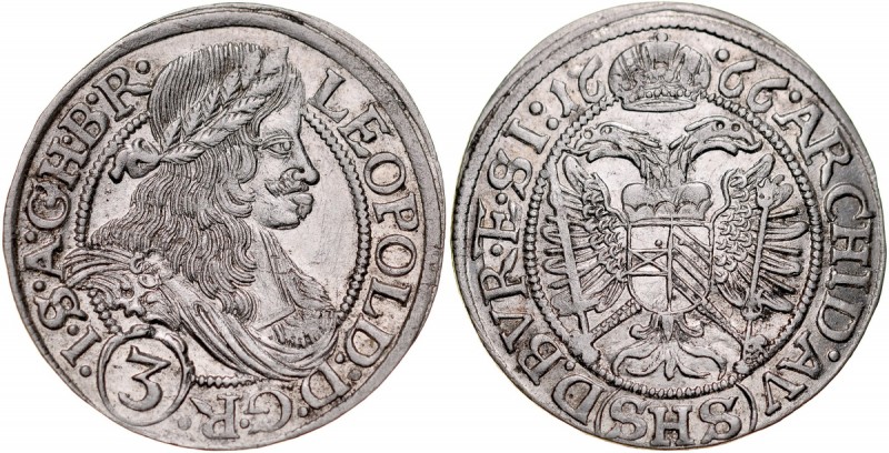 Śląsk, Leopold I 1657-1705, 3 krajcary 1666, Wrocław. FuS 458, Herinek 1536, sta...