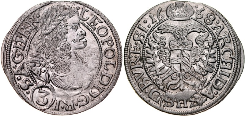 Śląsk, Leopold I 1657-1705, 3 krajcary 1668, Wrocław. FuS 461, Herinek 1537, ład...