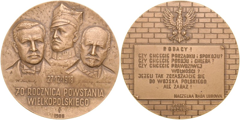 Medal z 1988 wybity z okazji 70 rocznicy Powstania Wielkopolskiego. Av.: Wizerun...