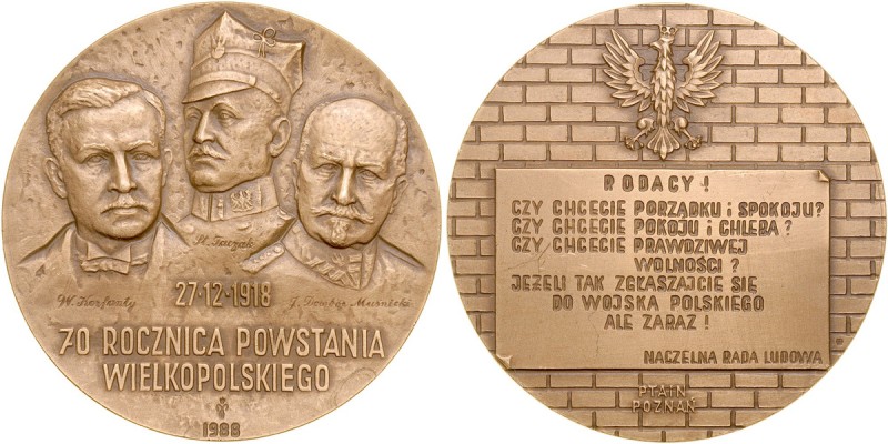 Medal z 1988 wybity z okazji 70 rocznicy Powstania Wielkopolskiego. Av.: Wizerun...