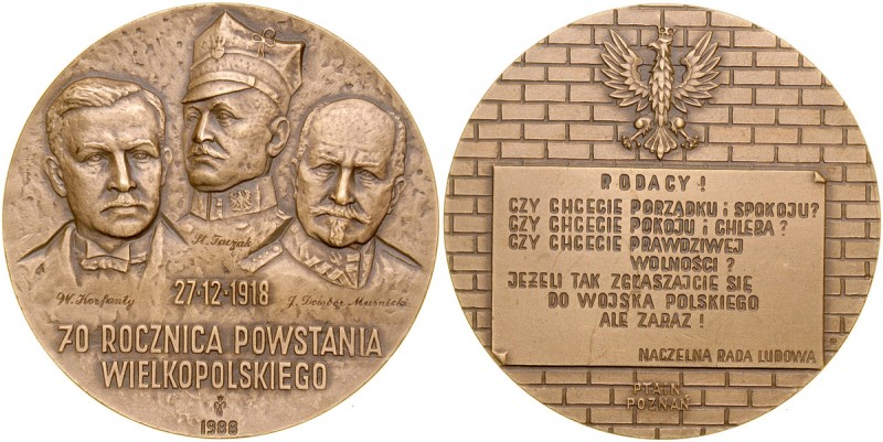 Medal z 1988 wybity z okazji 70 rocznicy Powstania Wielkopolskiego. Av.: Wizerun...