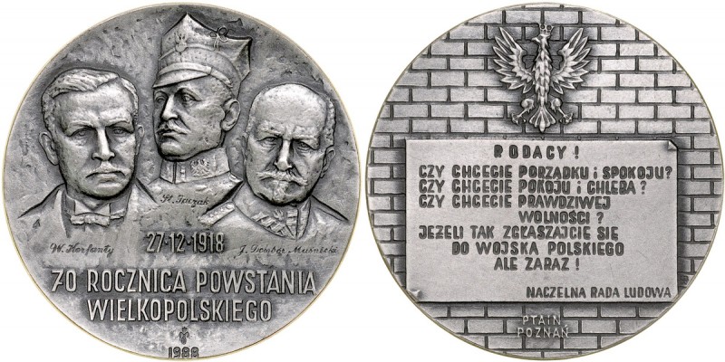 Medal z 1988 wybity z okazji 70 rocznicy Powstania Wielkopolskiego. Av.: Wizerun...