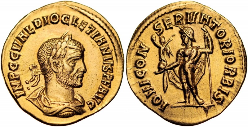 Rzym, Diocletian 294-305, Aureus. Av.: Popiersie cesarza w wieńcu laurowym, Rv.:...