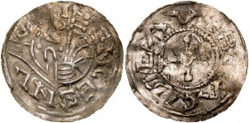 Brzetysław 1037-1055, Denar, Av.: Postać z wyciągnięta dłonią, Rv.: Krzyż.