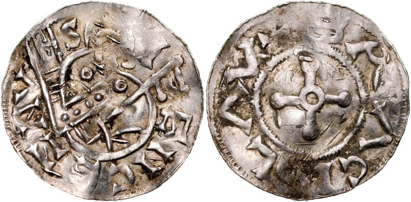 Brzetysław 1037-1055, Denar, Av.: Postać z wyciągnięta dłonią, Rv.: Krzyż. Cach ...