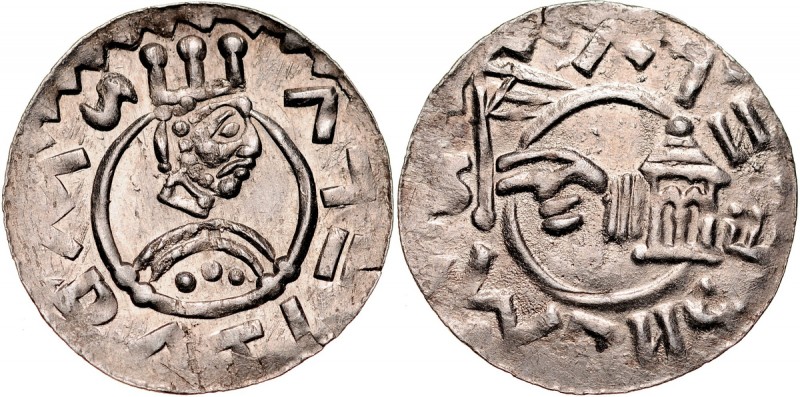 Wratysław II 1061-1086, Denar, A.: Popiersie króla w koronie, Rv.: Ręka z propor...