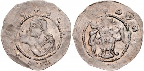 Władysław I 1109-1118, Denar, Av.: Książ z proporcem na tronie, obok poddany. Rv.: Św. Wacław.