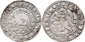 Jan Luksemburski 1310-1346, Grosz praski, Av.: Korona królewska, Rv.: Lew czeski.