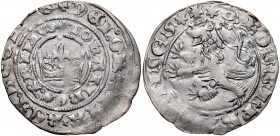 Jan Luksemburski 1310-1346, Grosz praski, Av.: Korona królewska, Rv.: Lew czeski.