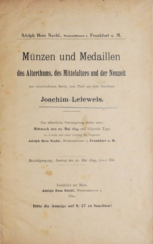 Hess A., Muenzen und Medaillen Joachim Lelewels, Frankfurt am Main 1894. bardzo ...