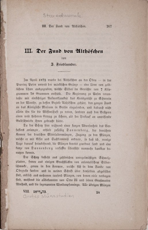Friedlaender J., Der Fund von Althoefchen broszura, nadbitka, 33 strony. 
Grade...