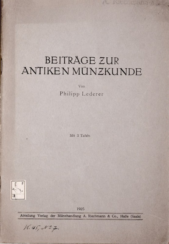 Lederer Ph. Beitraege zur Antiken Muenzkunde, Halle 1925. bardzo dobrze zachowan...