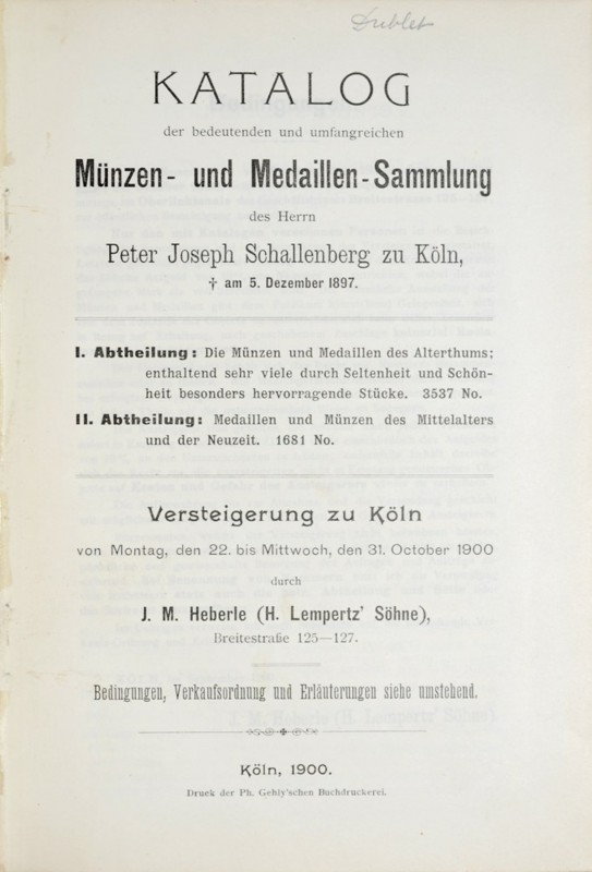 Heberle J.M, Katalog der bedeutenden und umfangreichen Muenzen- und Medaillen- S...