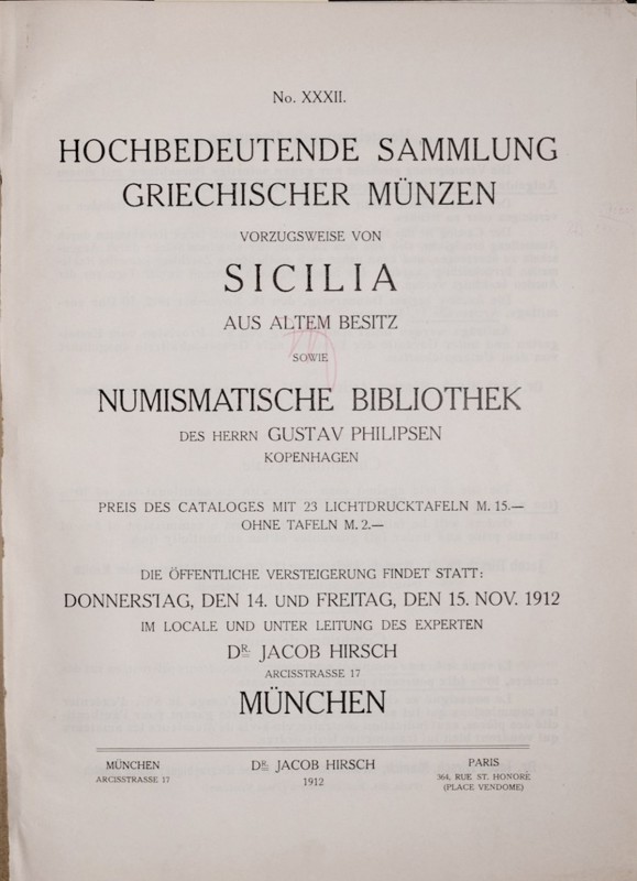 Hirsch J., Auktions-Catalog, Grichischer Muenzen, 15.Nov.1912, Muenchen 1912. ba...