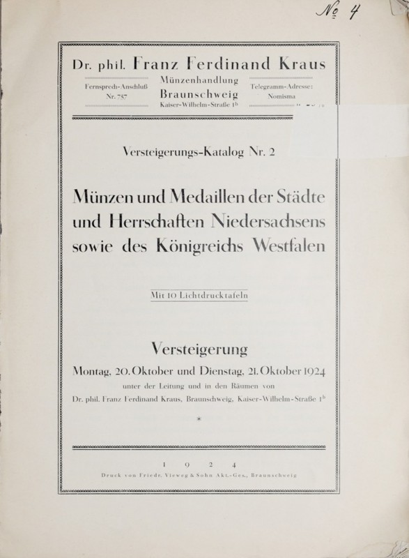 Kraus F.F., Versteigerungs-Katalog Nr.2, 20-21 Oktober 1924. Braunschweig 1924. ...