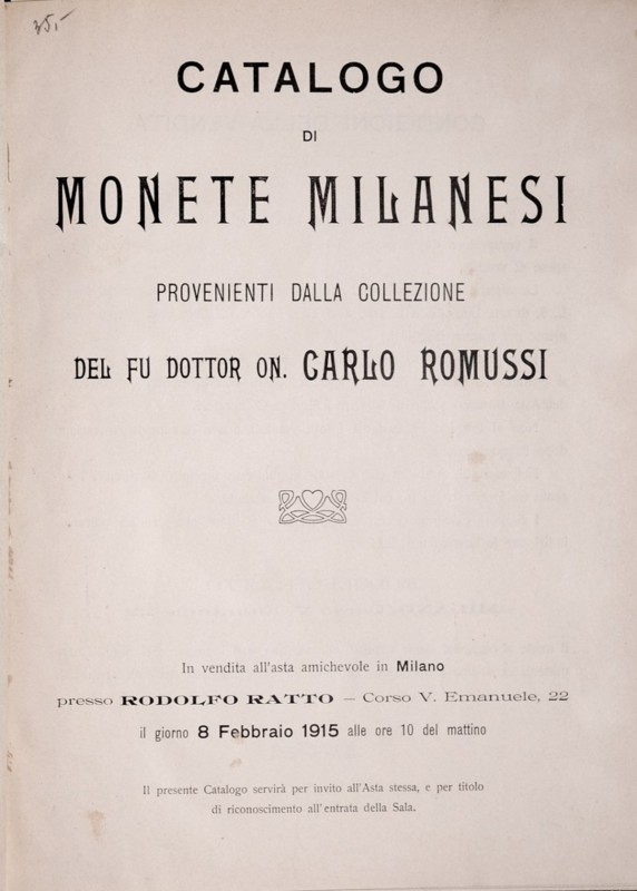 Ratto R., Catalogo di Menete Milanesi provenienti dalla collezione del fu dotto ...