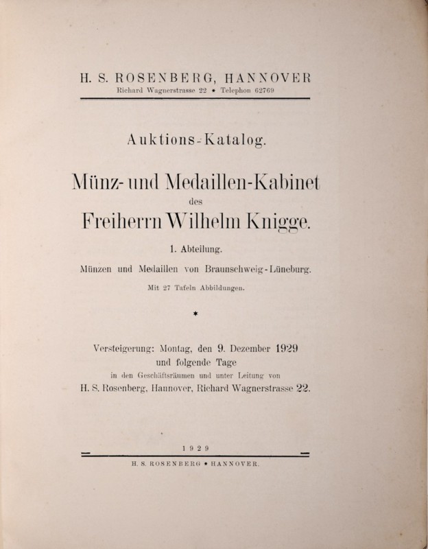 Rosenberg H.S., Auktions-Katalog, Muenz- und Medaillen des Freiherrn Wilhelm Kni...