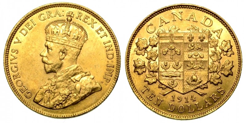 CANADA. Giorgio V (1910-1936) - 10 dollari 1914. Busto coronato a s. R/ Stemma. ...