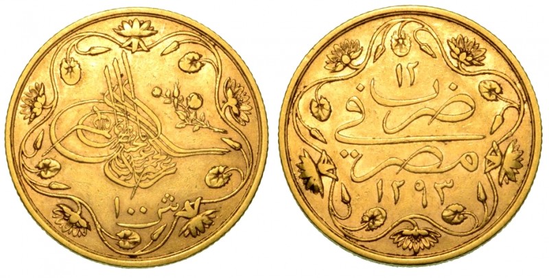 EGITTO. Abdul Hamid II (1876-1909) - 100 Qirsh (pound). Tughra al centro circond...