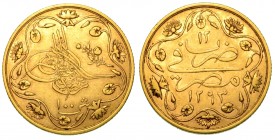 EGITTO. Abdul Hamid II (1876-1909) - 100 Qirsh (pound). Tughra al centro circondata da motivi floreali. R/ Legenda al centro di motivi floreali. Kraus...