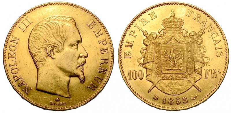 FRANCIA. Napoleone III (1852-1870) 100 Franchi 1858. Strasburgo. Testa a d. R/ S...