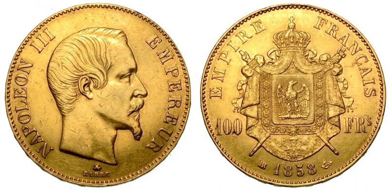 FRANCIA. Napoleone III (1852-1870) 100 Franchi 1858. Strasburgo. Testa a d. R/ S...