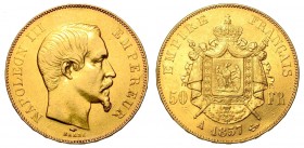 FRANCIA. Napoleone III (1852-1870) 50 Franchi 1857. Parigi. Testa a d. R/ Stemma coronato. KM 785.1 g. 16,13 Colpi oro BB/q.SPL

Nota per i commerci...