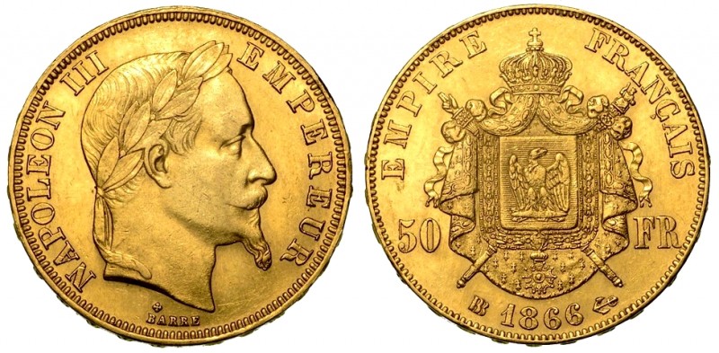 FRANCIA. Napoleone III (1852-1870) 50 Franchi 1866. Strasburgo. Testa a d. R/ St...