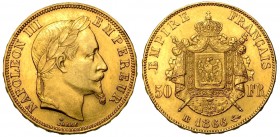 FRANCIA. Napoleone III (1852-1870) 50 Franchi 1866. Strasburgo. Testa a d. R/ Stemma coronato. KM 804.2 g. 16,13 Colpi   oro BB

Nota per i commerci...