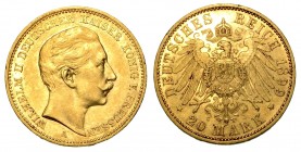 GERMANIA. Guglielmo II di Prussia (1888-1918) - Da 20 marchi 1899 Berlino. Testa a d. R/ Stemma coronato. KM. 521. g. 7,98. oro. q.SPL

Nota per i c...