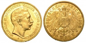 GERMANIA. Guglielmo II di Prussia (1888-1918) - Da 20 marchi 1906 Berlino. Testa a d. R/ Stemma coronato. KM. 521. g. 7,98. oro. SPL

Nota per i com...