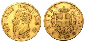ITALIA. SAVOIA. Vittorio Emanuele II (Regno di Italia: 1861-1878) - 10 lire 1863 Torino. Busto a s. R/ Scudo coronato, ornato del collare dell'Annunzi...