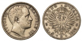 ITALIA. SAVOIA. Vittorio Emanuele III (1900-1946) - 2 lire 1903. Busto a d. R/ Aquila araldica coronata. Gig. 91 g. 10,04 Rarissima arg q.BB

Nota p...