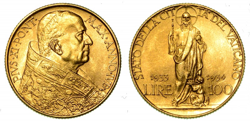 ITALIA. VATICANO. Pio XI (1929-1938) - 100 lire 1933-34 A. Jub. Busto a d. con z...