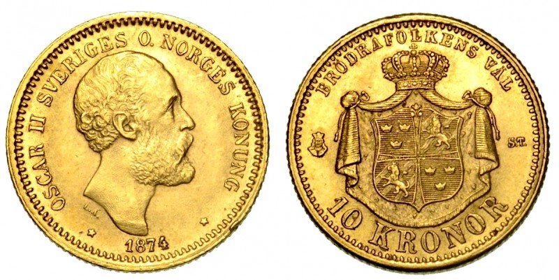 SVEZIA. Oscar II (1872-1907) - 10 corone 1874. Testa a d. R/ Stemma coronato. Kr...