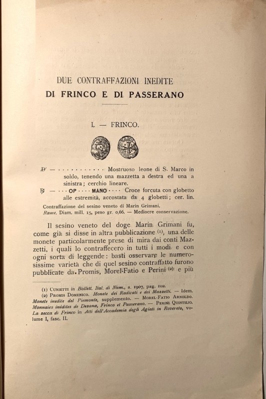 A. C. C. G. - Due contraffazioni inedite di Frinco e Passerano. Milano, 1917. Es...