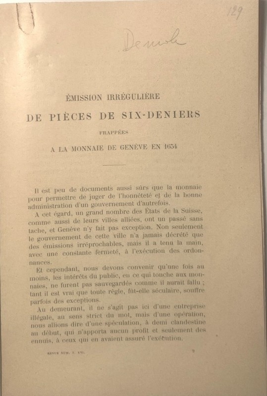 DEMOLE E. - Emission irreguliere de pieces de six-deniers frappes a la monnaie d...