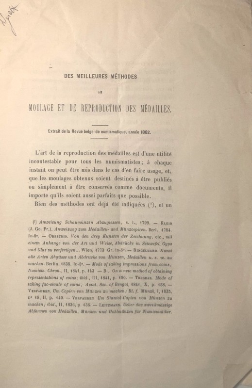 ENGEL A. - Des meilleures methodes de moulage et de reproduction des medailles. ...