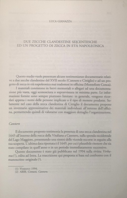 GIANAZZA L. - Due zecche clandestine seicentesche ed un progetto di zecca in età...