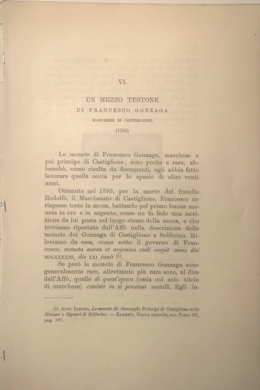 GNECCHI E. - Appunti di numismatica italiana N° VI -VII. Un mezzo testone di Fra...