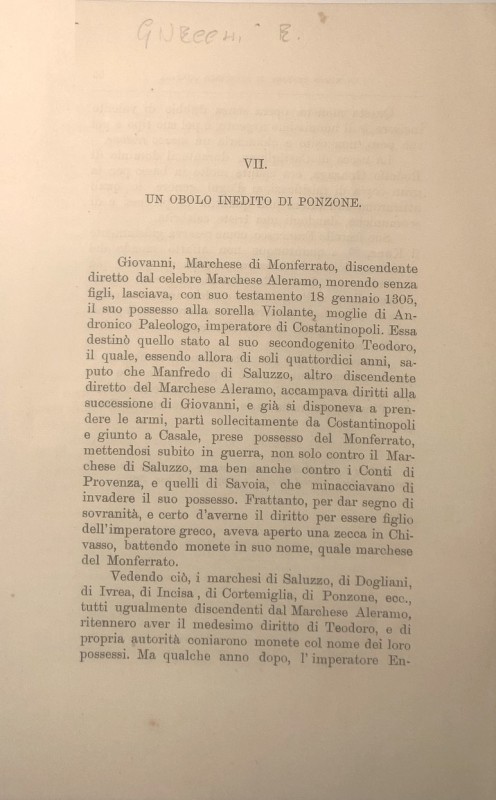 GNECCHI E. - Un obolo inedito di Ponzone. Milano 18?. pp.55-60, con ill. nel tes...