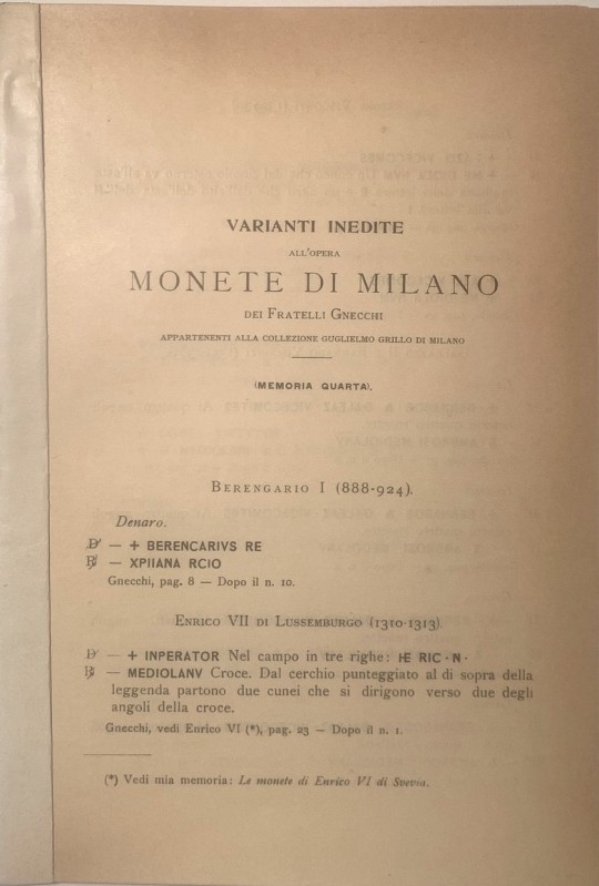 GRILLO G. - Varianti inedite all'opera Monete di Milano dei Fratelli Gnecchi, ap...