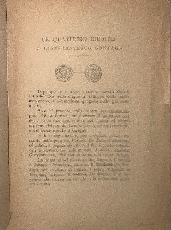 MIARI F. L. - Un quattrino inedito di Gianfrancesco Gonzaga. Milano, 1894. pp. 4...