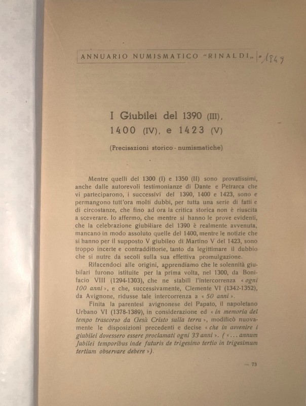 PATRIGNANI A. - I Giubilei del 1390 (III), 1400 (IV) e 1423 (V). Mantova , 1947....