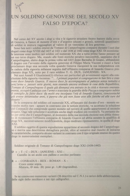 PESCE G. - Un soldino genovese del secolo XV falso d'epoca. Suzzara s.d. pp. 23 ...